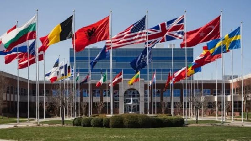 Row of international flags on flagpoles in front of a modern glass-fronted building with a circular drive and manicured shrubbery.