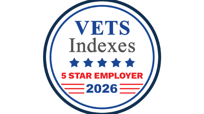 Circular badge: 'VETS Indexes' with five blue stars, '5 STAR EMPLOYER 2026' in red and blue text on white background.