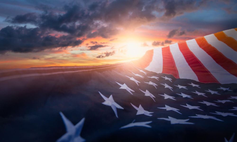 American flag at sunset