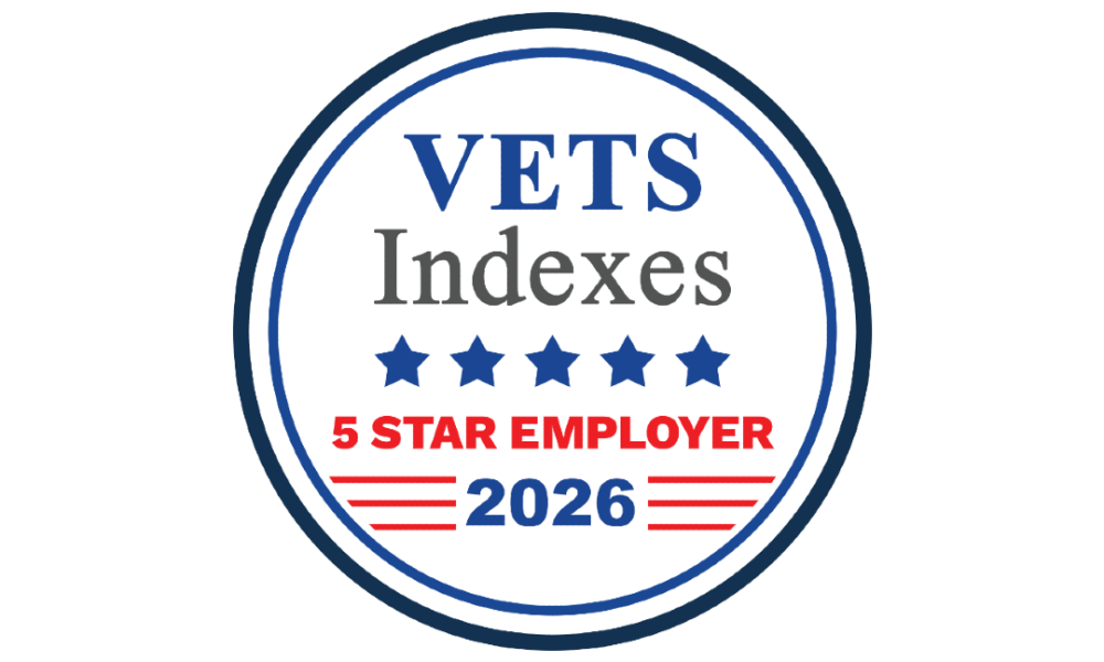 Circular badge: 'VETS Indexes' with five blue stars, '5 STAR EMPLOYER 2026' in red and blue text on white background.